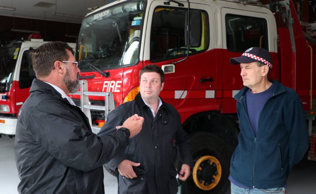Member for Benambra Bill Tilley, shadow emergency services minister Tim Smith and Beechworth CFA brigade captain Bruce Forrest.
