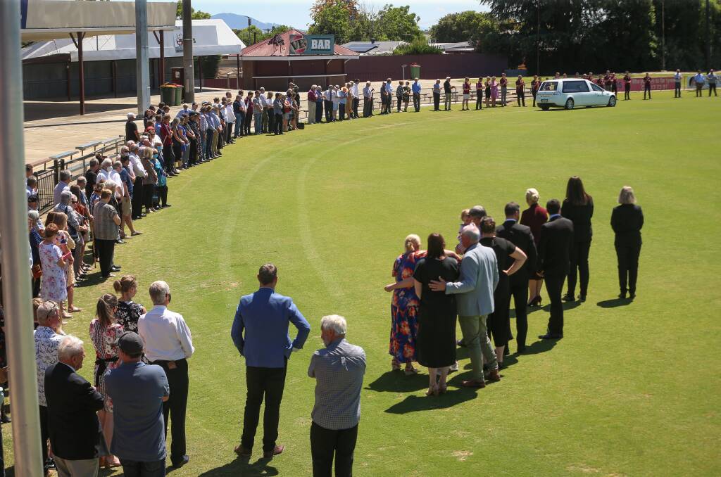 LAST GOODBYE: The Wodonga Bulldogs faithful gathered at Martin Park to farewell former player and volunteer Jake Elkington who passed away last week. Picture: JAMES WILTSHIRE