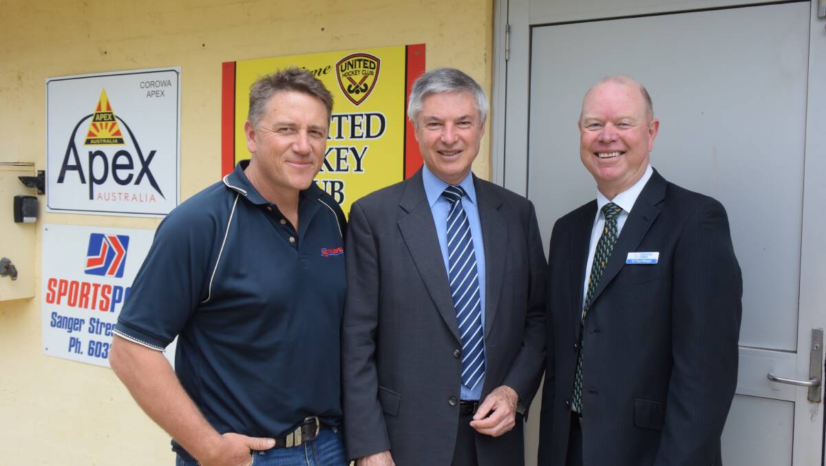 HOWZAT: Member for Albury Greg Aplin, centre, with Corowa Cricket Club president Paul Lavis, left, and Federation councillor Paul Miegel after funding of $199,353 for a new pavilion at Ball Park was confirmed.