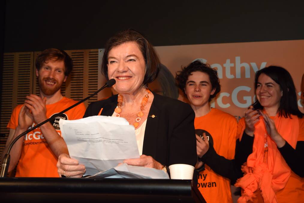 FLASHBACK: Cathy McGowan gives her victory speech after retaining Indi at the 2016 federal election. The independent MP can't confirm she will stand for a third time.