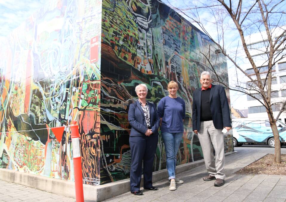 POWER HOUR: MAMA director Jacqui Hemsley, artist Nat Ward and Albury mayor Henk van de Ven at the Volt Lane power substation that has been wrapped with art. 
 