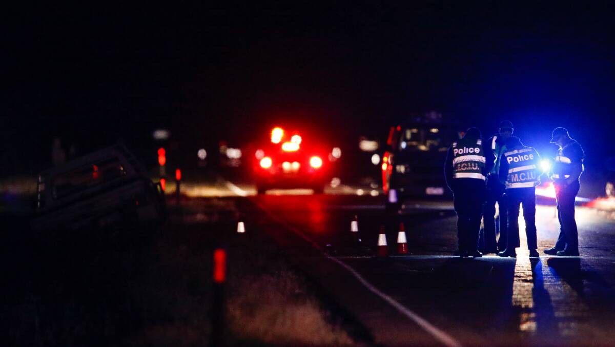 FATAL SCENE: Police investigate a collision which left a cyclist dead on Snow Road at Milawa on Saturday night. Picture: MARK JESSER