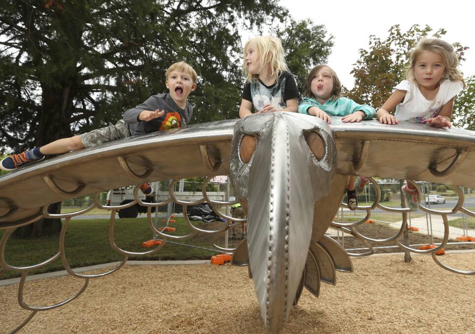 PLAY TIME: River Grochowski, 4, Max Moegel, 4, Caleb Christie, 4, and Greta Jackson, 4, all of Mount Beauty enjoy the new playground in the CBD.