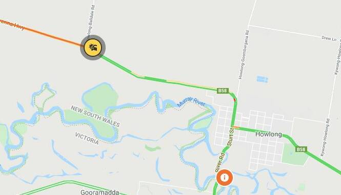 The location of a two-car crash that claimed two lives on the Riverina Highway west of Howlong. Picture: LiveTraffic