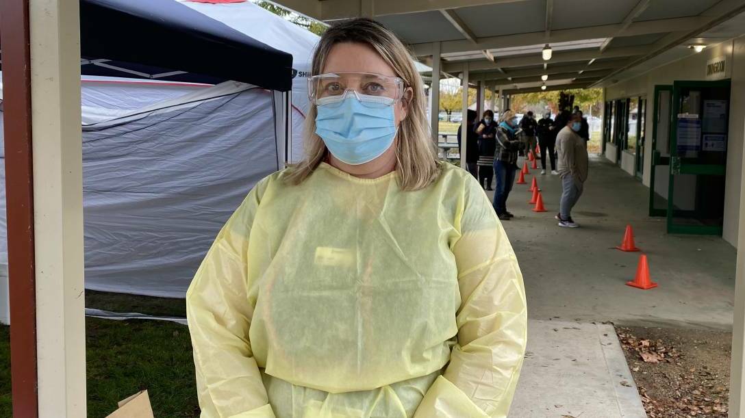 Murrumbidgee Local Health District pandemic lead Emma Field at the Gundagai pop-up clinic in June, which was set up after a cafe and multiple shops in the town were declared COVID-19 exposure sites. Picture: Catie McLeod
