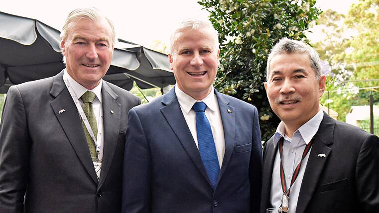 Regional Express deputy chairman John Sharp, then Transport Minister and Deputy PM, Riverina MP Michael McCormack and Regional Express executive chairman Lim Kim Hai at an hotel event in Sydney in 2018. The airline has prepared $12 million in shares as executive bonuses less than a year after Mr McCormack oversaw $62 million in aid for the business. Picture: The Branksome Hotel & Residences