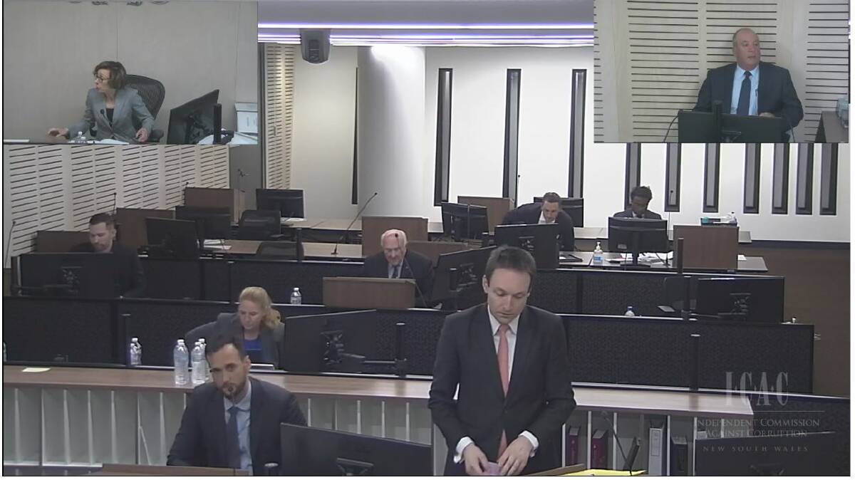 Counsel assisting ICAC Scott Robertson (bottom right) questions former Wagga MP Daryl Maguire (top right). Picture: ICAC