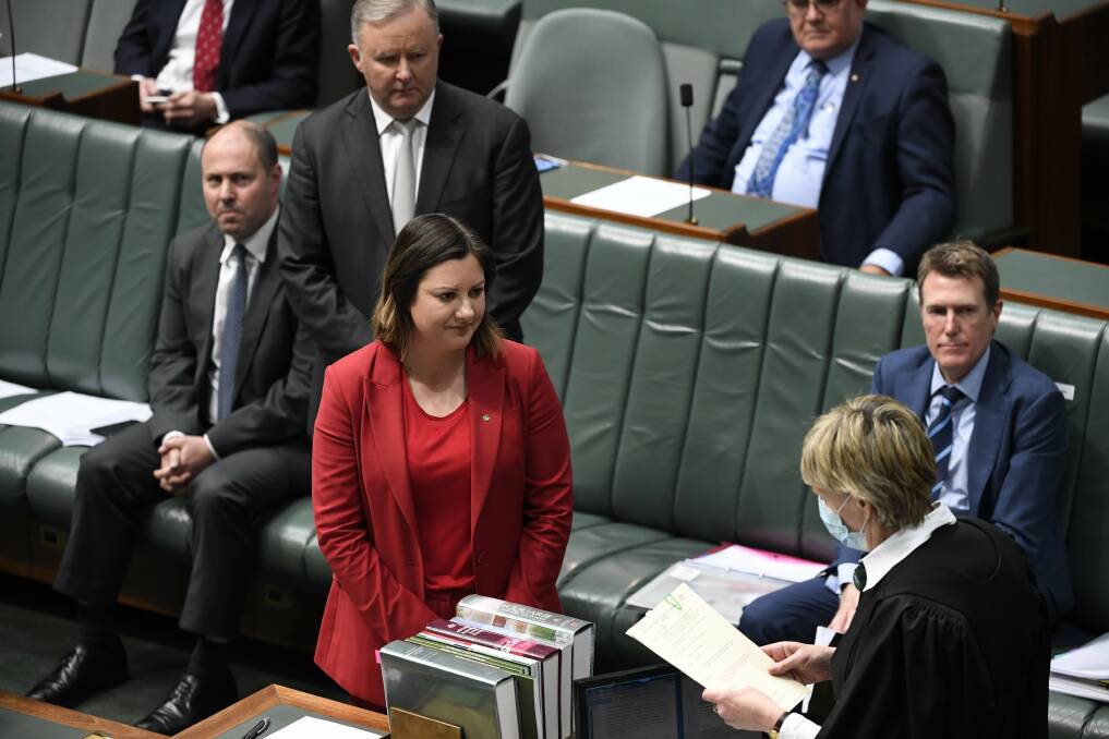 New Eden-Monaro MP Kristy McBain is sworn in at a brief ceremony in the Australian House of Representatives in Canberra on Monday. Picture:Australian Government Photographic Service