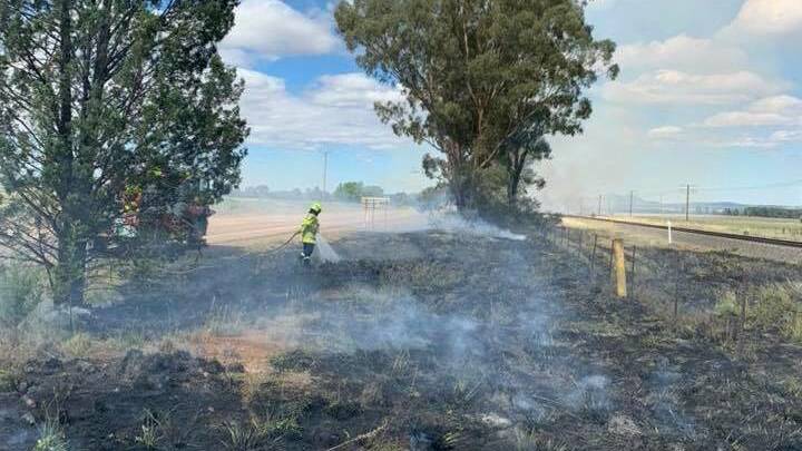 Firefighters respond to multiple grass fires along a five-kilometre stretch of rail line beside the Olympic Highway at Uranquinty late last year. Picture: Fire and Rescue NSW Turvey Park