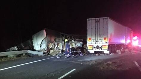 The scene of the two-truck crash in the early hours of Tuesday. Picture: Live Traffic NSW