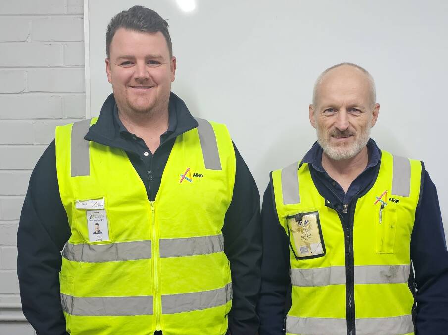 Align Work Health physiotherapists Nick Guiney (left) and Shane Robertson on site at Ron Finemore Transport's Wodonga depot.