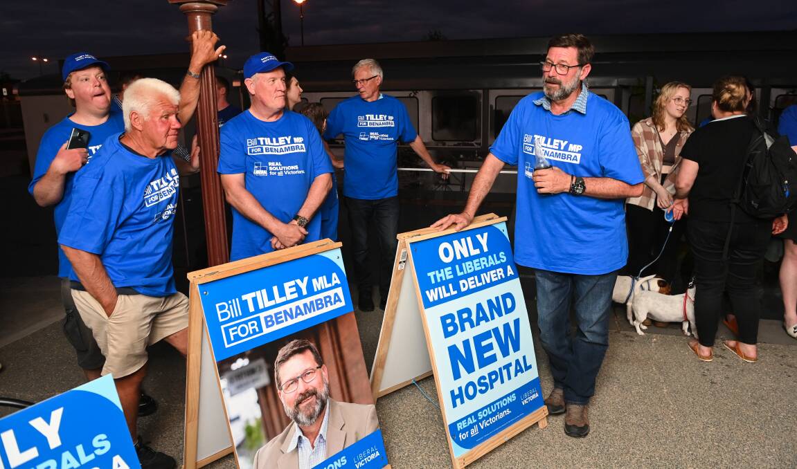 Liberal MP Bill Tilley with supporters after appearing to secure a fifth term as member for Benambra. Picture by Mark Jesser.