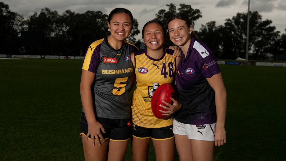 Constance, 15, Rain, 16, and Destiny Dodd, 17, all played for the Murray Bushrangers under-18 side. Pictures by Tara Trewhella
