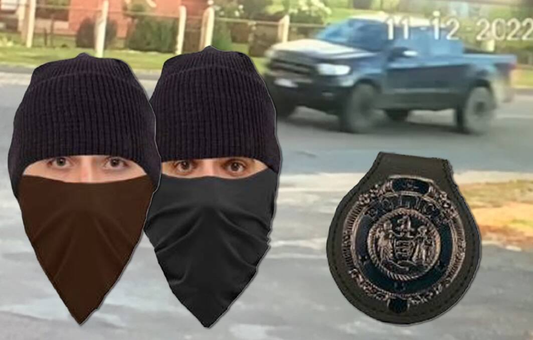 Police have released digital images of the offenders, a sketch of the false badges and a picture of the men's suspected vehicle. Pictures supplied by Victoria Police