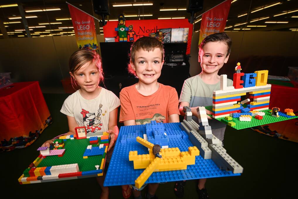 MARVELOUS: Winners of 'The Great Lego Building Challenge' Hannah Mancer, 7, Mitchell Corkett, 7 and Tate Duncan, 7 with their buildings at the Wodonga Plaza.