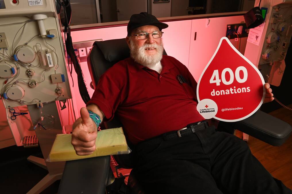 Albury's Noel Trainor has rolled up his sleeve 400 times to donate blood and plasma. His milestone donation occurred on World Blood Donor Day, Wednesday, June 14. Picture by Mark Jesser