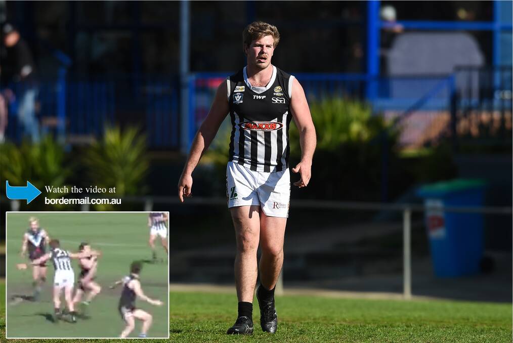 CONTROVERSY: Wangaratta's Zac Leitch knocked out Shaun Mannagh
in the second term. Main picture: MARK JESSER.
Inset image: Ovens and Murray Football League.