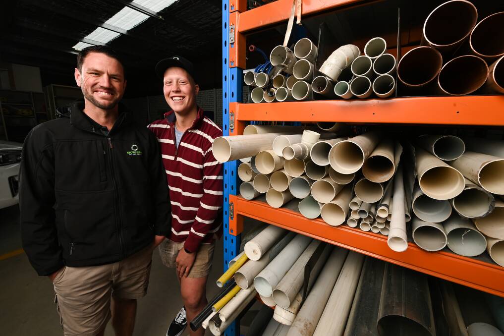 WORK MATES: Apprentice Ben Haslam and KBC Plumbing owner Kade Bell-Chambers, along with their colleagues are hoping to raise $15,000 for the cancer centre. Picture: MARK JESSER