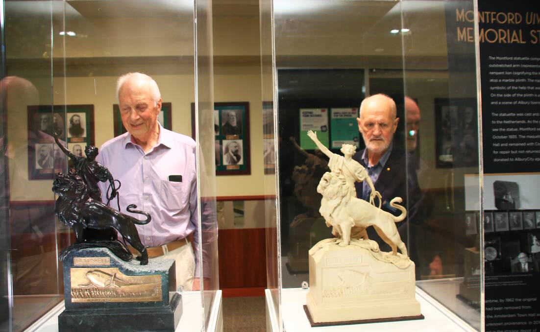 LOOKING ON: Uiver historian Noel Jackling and Albury councillor David Thurley welcomed the arrival of the statuette in Albury. Picture: ALBURY CITY