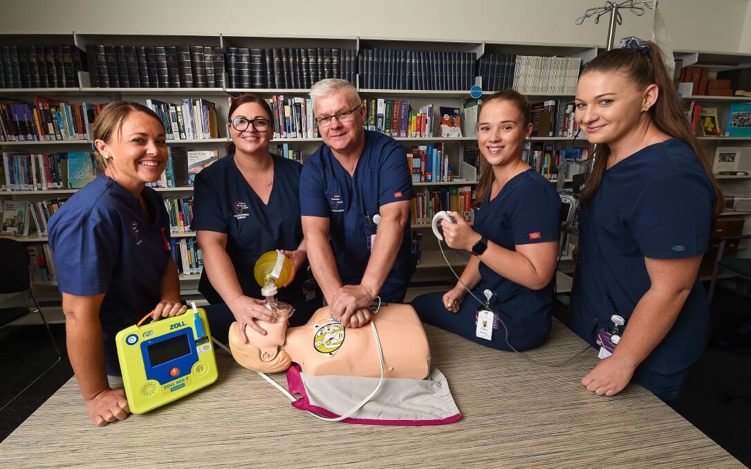 GRAD NURSES: Claire Lambden, Nevena Read, Clint Sutton, Erin McCullough and Molly Pryse started working at Albury Wodonga Health this week. Picture: MARK JESSER