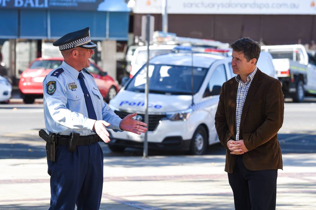 NEXT STEPS: Murray River police commander Superintendent Paul Smith and Member for Albury Justin Clancy are urging Albury residents not to become complacent now restrictions have been eased. Picture: MARK JESSER