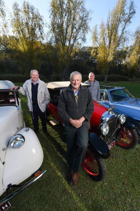 Tilo Schmidt with his 1946 Standard 8, Colin Maginnity with his 1927 Amilcar C4 and Greg Oates with his 1975 Triumph Stag. Picture: MARK JESSER
