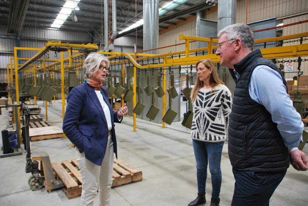 ON SITE: Member for Indi Helen Haines, Pentarch Industrial general manager Annie Bushnell and managing director Chris Deighton welcome the new contract announcement. Picture: CADE SMITH