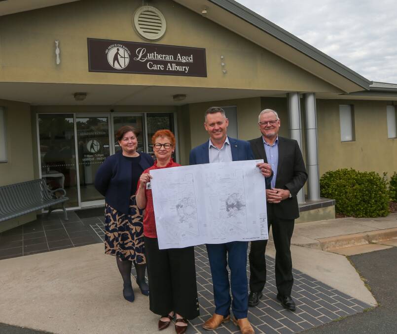 PLANS: Dellacourt facility manager Catherine Elder, Lutheran Aged Care managing director Wendy Rocks, Hansen Yuncken regional manager Jason Cox and Lutheran chief financial officer Ron Asquith. Picture: TARA TREWHELLA