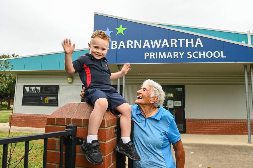 MEMORIES: Dot Looker, 90, was "over the moon" to see her great-grandson Logan Bennett off to his first day of school yesterday after she delivered him in her Wodonga home five years ago today. Picture: MARK JESSER