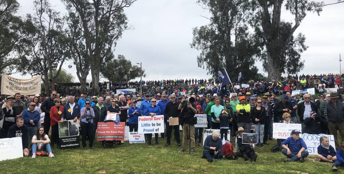 WATER RALLY: More than 3000 angry farmers and community members descended on Tocumwal Foreshore asking to be heard on the Murray Darling Basin Plan. 
