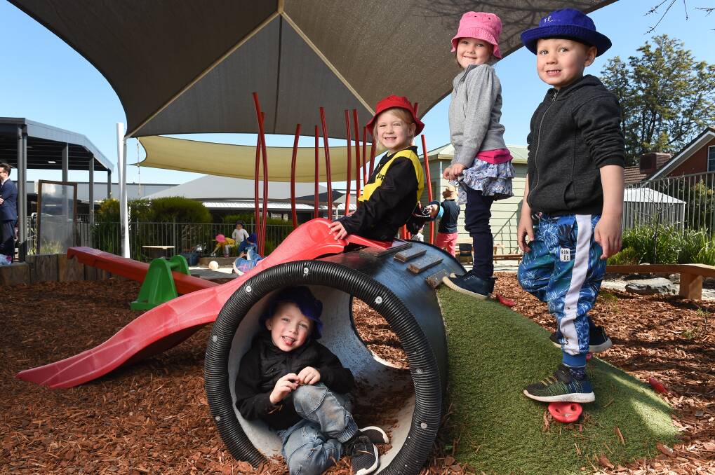 NEW FACILITIES: Zac Jones, 4, Grace Ellis, 5, Penny McNicol, 3, and Fletcher Trollope, 4 enjoy their play space at Yarrunga Early Learning Centre. Picture: MARK JESSER