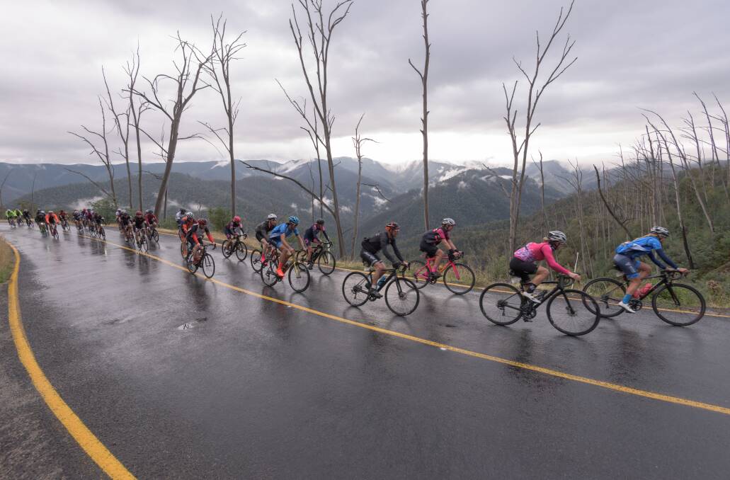 CHALLENGERS: More than 1100 riders completed the annual Peaks Challenge Falls Creek on Sunday in trying weather which included near freezing temperatures. Picture: BICYCLE NETWORK