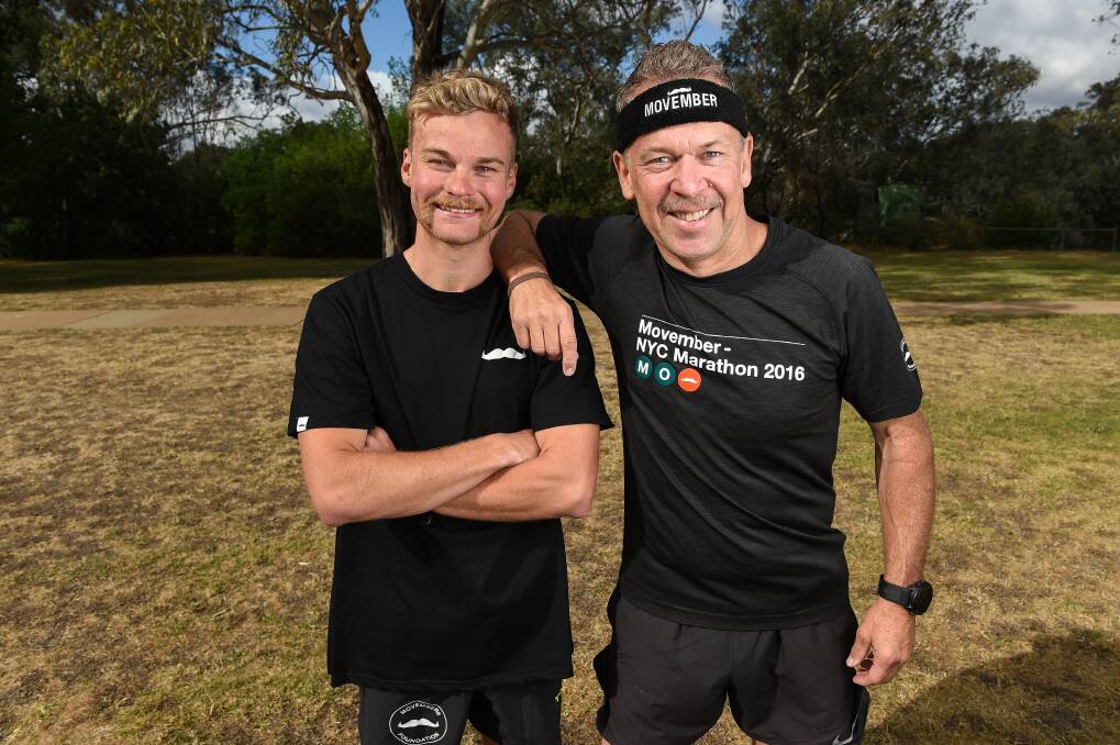 NEW MATES: Patrick Stow and Mark Hore are hoping by donning a mo and running a marathon and ultra-marathon will shine a light on men's health this Movember. Pictures: MARK JESSER
