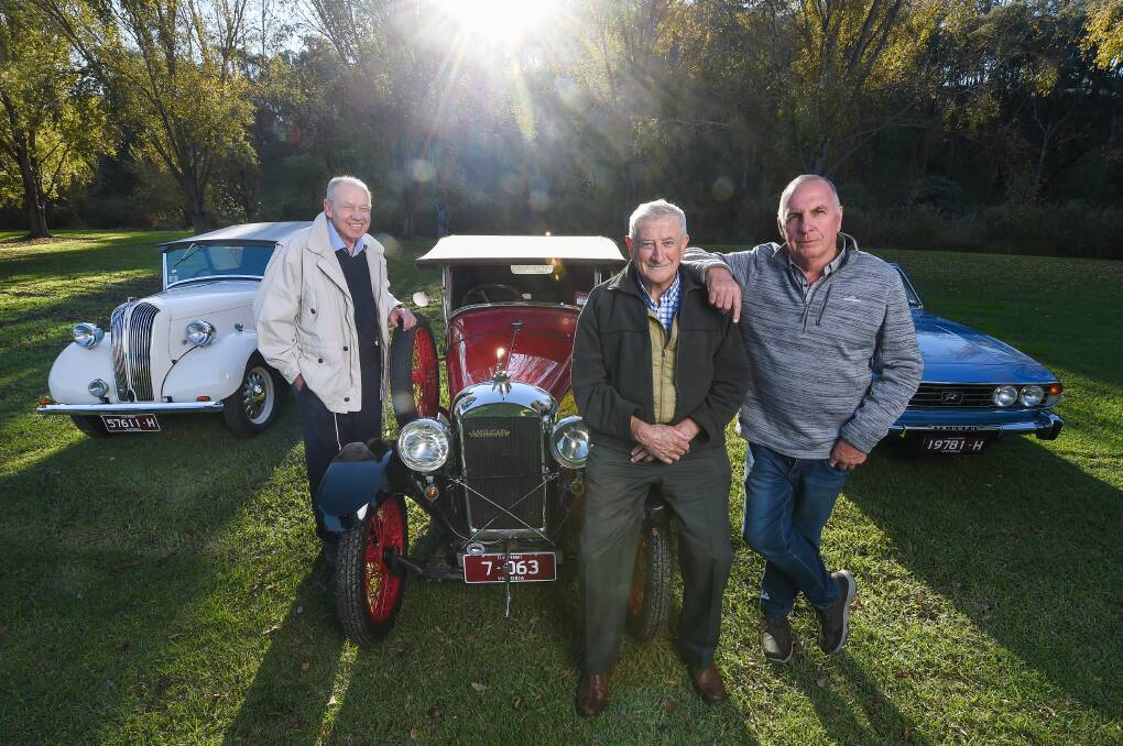 HERITAGE: Tilo Schmidt, Colin Maginnity and Greg Oats will have their heritage cars on show on Sunday in Beechworth. Picture: MARK JESSER