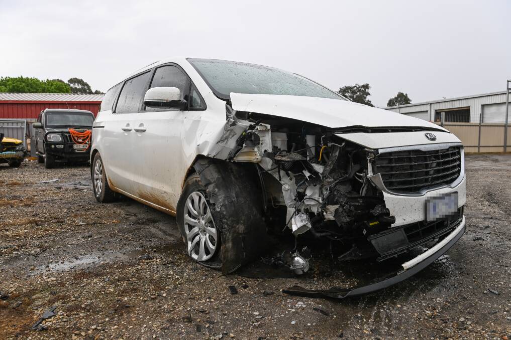 DAMAGE: The grandmother's Kia minivan was severely damaged after Lesslie crashed into her on Chiltern-Beechworth Road last year. Picture: MARK JESSER