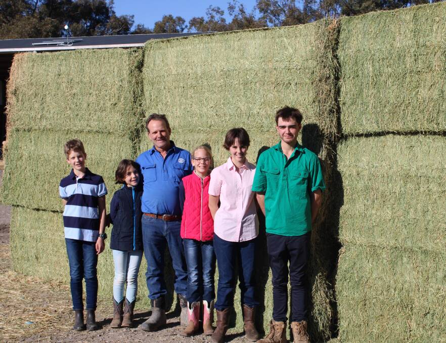 FAMILY EFFORT: Mulwala farmer Lochie Donald with his family Angus, Finella, Lisbeth, Shona and Alex with some of their award-winning hay.