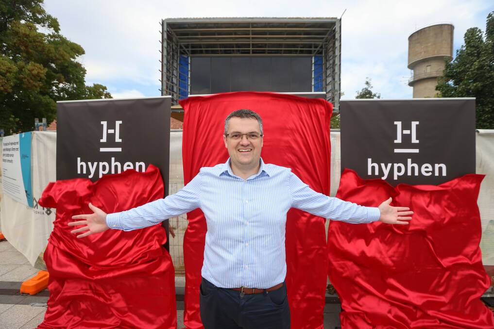 REVEAL: Wodonga mayor Kev Poulton unveiled the new name - hyphen. Pictures: JAMES WILTSHIRE