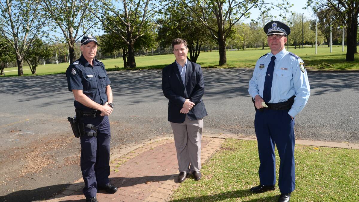 WORKING TOGETHER: Wodonga Acting Senior Sergeant Tim Mooney, Albury MP Justin Clancy and Murray River Police District Superintendent Paul Smith. Picture: BLAIR THOMSON
