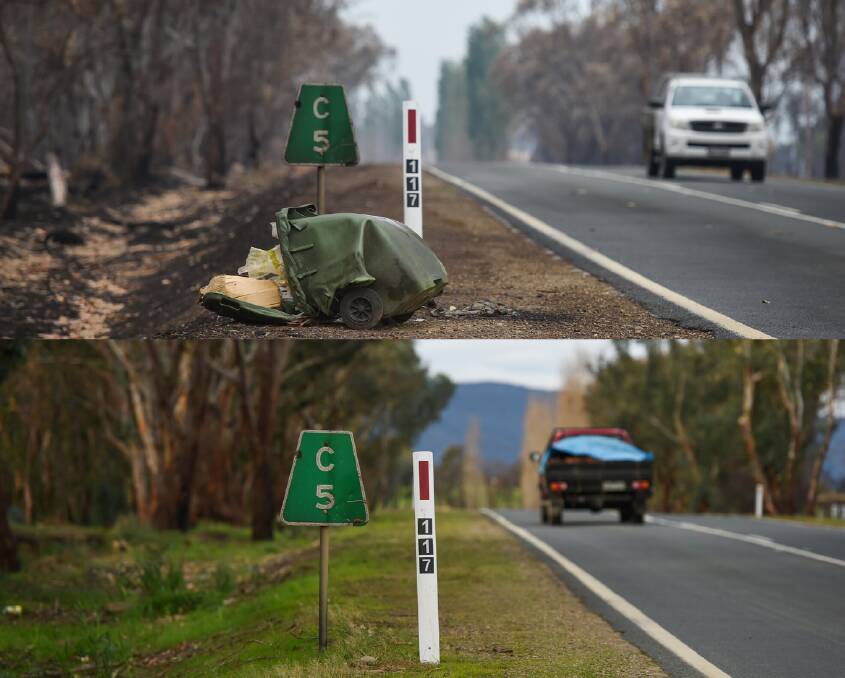 COMPARE THE PAIR: Six months after bushfires in the Upper Murray and North East, all arterial roads are now repaired and reopened after major works across 520 kilometres.