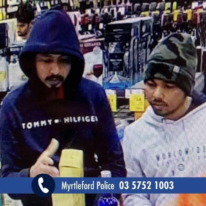 DO YOU KNOW THESE MEN: Myrtleford police are hoping to speak to these two people to help with investigations into the use of counterfeit notes in town. 