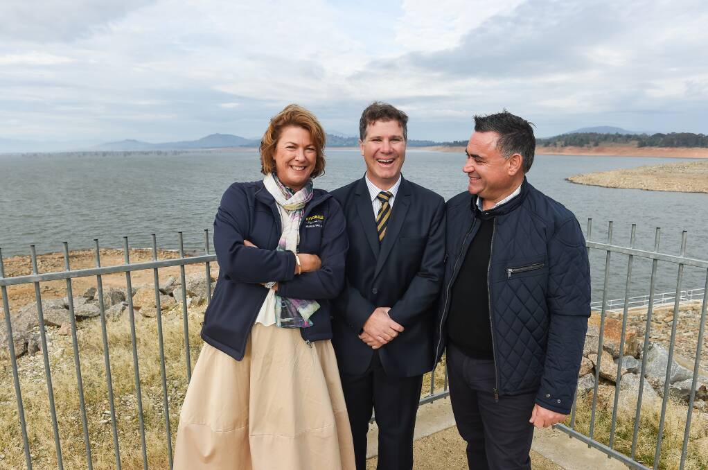 TOUR: Minister for Water Melinda Pavey, NSW Deputy Premier John Barilaro and Member for Albury Justin Clancy visit the Hume Dam during a tour of the southern basin communities in 2019. Picture: MARK JESSER