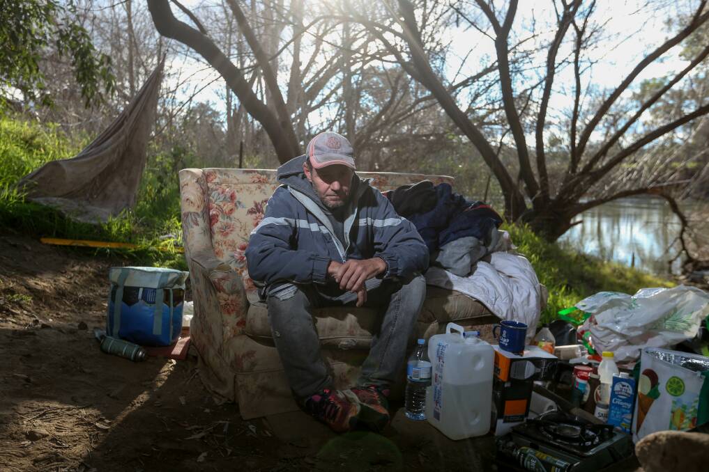 REFLECTING: Brad hopes in sharing his story it will help get more services to the Border for homelessness. He spoke to The Border Mail at his former campsite under a Border bridge. Picture: TARA TREWHELLA