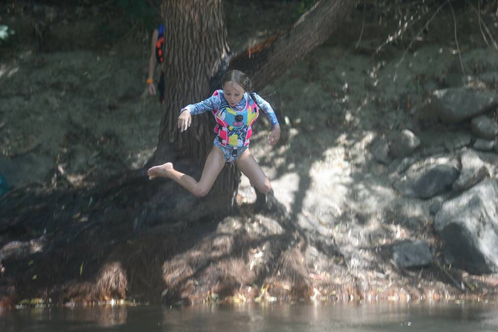 KEEPING COOL: Elise Dewing, 7, of Wodonga jumps from trees into a creek in Killara yesterday. Picture: TARA TREWHELLA