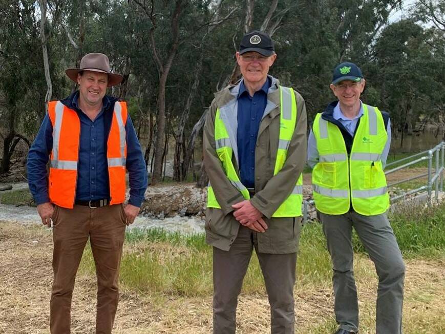 ON SITE: Murray Irrigation chair Phillip Snowden and chief executive Phillip Glyde with MDBA chair Sir Angus Houston.