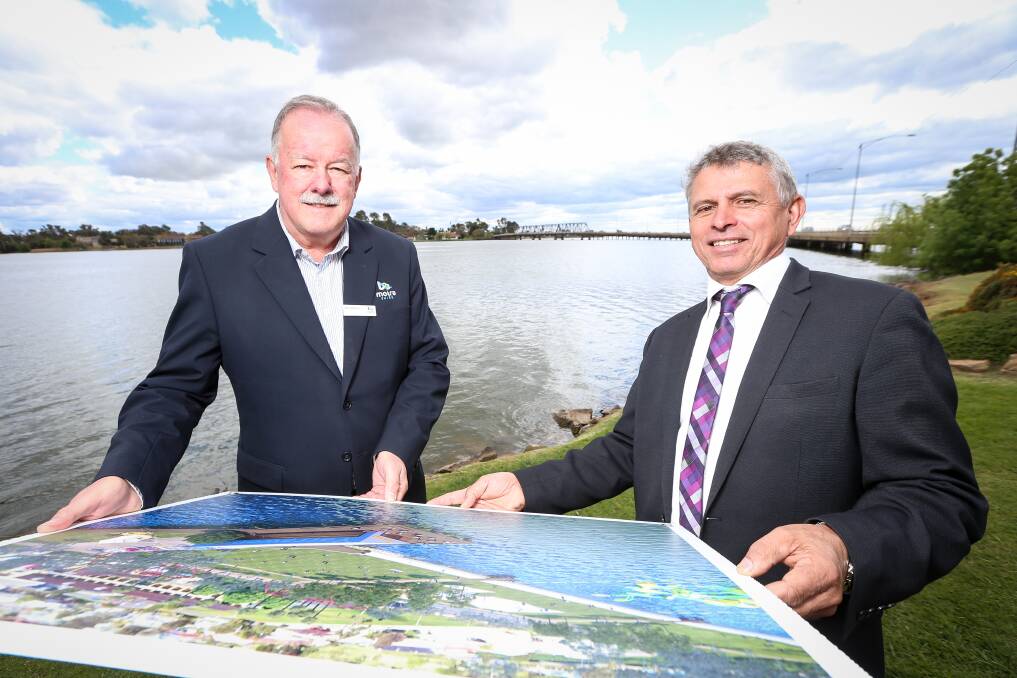 GRAND PLANS: Moira Shire chief executive Mark Henderson and mayor Libro Mustica launched the concept plans to transform the Yarrawonga foreshore. Picture: JAMES WILTSHIRE