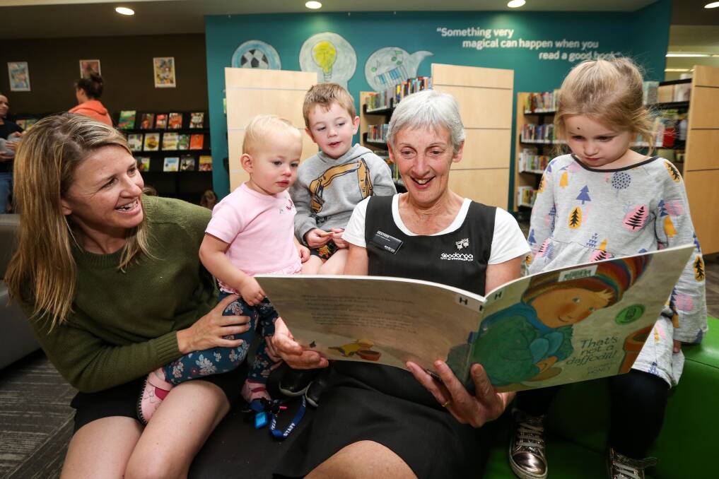 FINAL STORY TIME: Trish McGuire, Ellie McGuire, 18 months, Jonathan Medway, 3, Heather McNamara and Lilly Schnoegl, 4, at the final day of the Hovell Street Wodonga library. Picture: JAMES WILTSHIRE