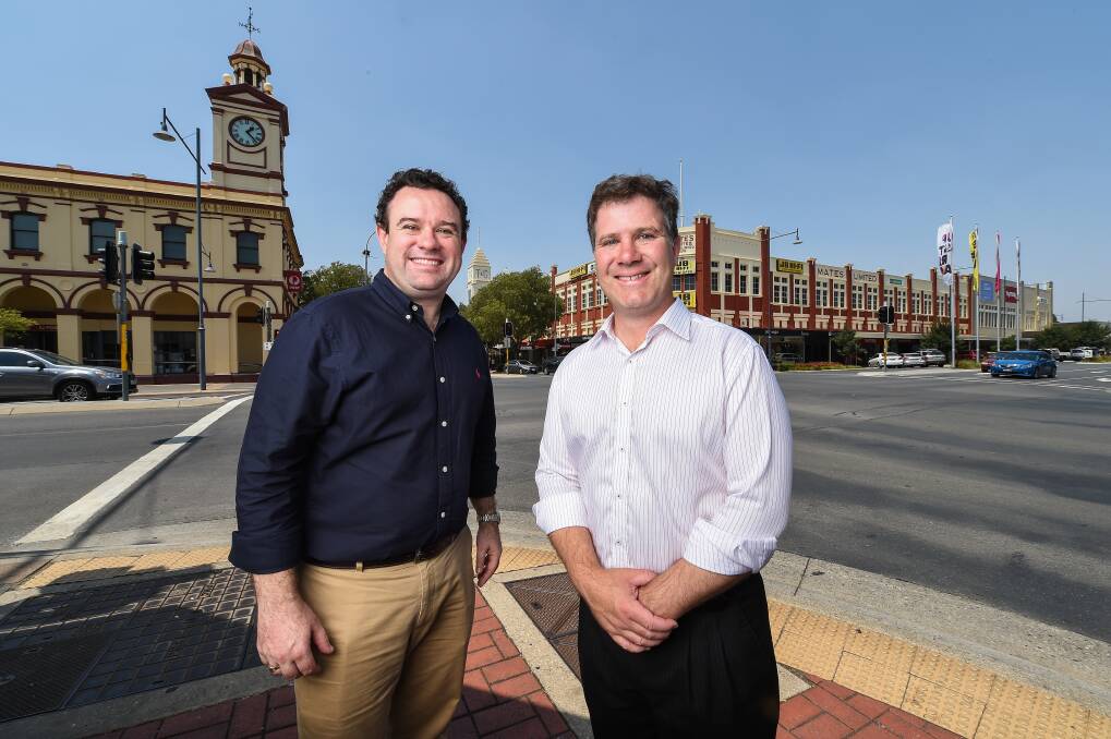 IN TOWN: NSW Tourism Minister Stuart Ayres with Member for Albury Justin Clancy during his visit to the region on Thursday. Picture: MARK JESSER