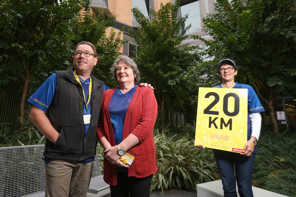 LOOKING AHEAD: Sunshine Walk ambassadors David and Rox McNamara with Albury-Wodonga Regional Cancer Centre Trust Fund chair Michelle Hensel at the launch of the 2020 walk. Picture: JAMES WILTSHIRE