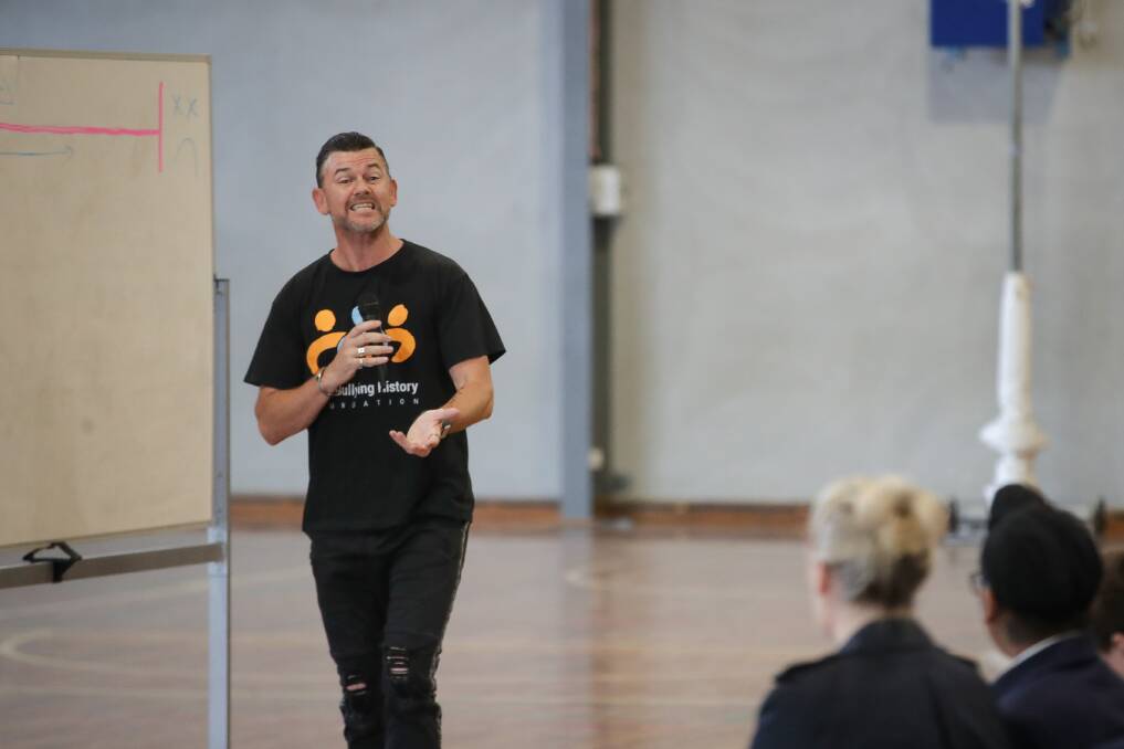 PASSIONATE: Make Bullying History Foundation chief executive Brett Murray speaks to Trinity Anglican College high school students. Picture: JAMES WILTSHIRE