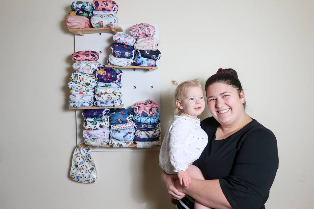 NAPPY STASH: Sharlet Scammell and her 18-month-old daughter Ruby have been using cloth nappies for more than 12 months. Picture: TARA TREWHELLA